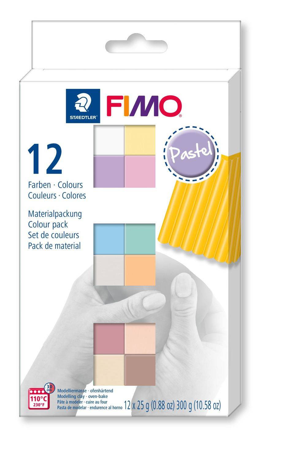 Verpackung für STAEDTLER FIMO soft pastel Modelliermasse, 12 Farben, mit Farbmustern und gelben Tonstäbchen auf der Vorderseite.