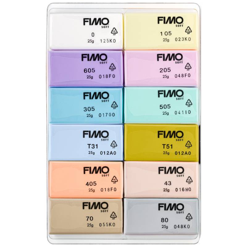 Tablett mit FIMO Soft Polymer-Ton-Blöcken in 10 Farben, jeder mit einem Farbcode und 25g Gewicht gekennzeichnet, in zwei Spalten angeordnet.