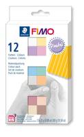 Packung FIMO Modelliermasse, 12 Farben, mit Musterfarbblöcken und einem gelb gestreiften Handwerksstück auf der Vorderseite.