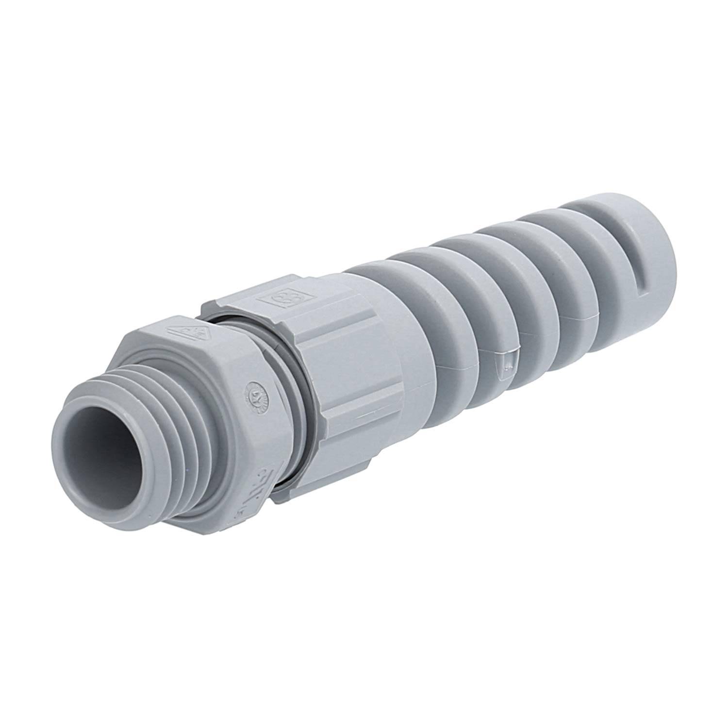 Ein grauer Kunststoff-Flexschlauch-Verbinder mit Gewinde-Anschlüssen, der zum Befestigen und Schützen von Elektrokabeln in Installationen verwendet wird.