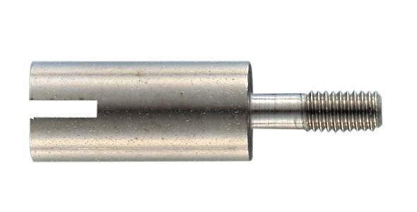 Eine Nahaufnahme einer zylindrischen Metallstange mit glatter Oberfläche, bei der rechts ein kleinerer vorstehender Abschnitt zu sehen ist.