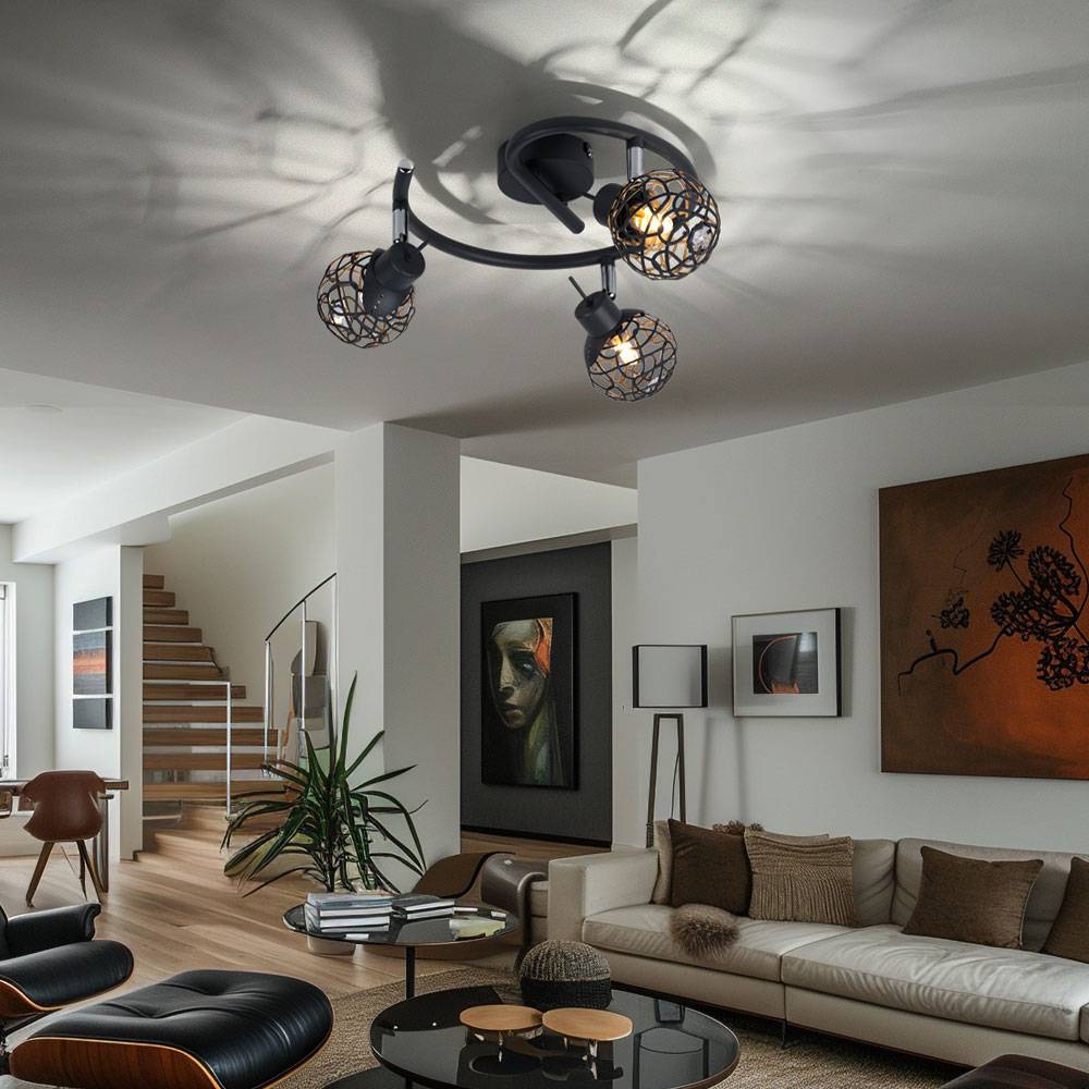 Deckenleuchte Deckenlampe Wohnzimmer grau Kugel Alugeflecht Kristall Lampe Spotrondell, bewegliche Spots, 3x G9, D 25 cm