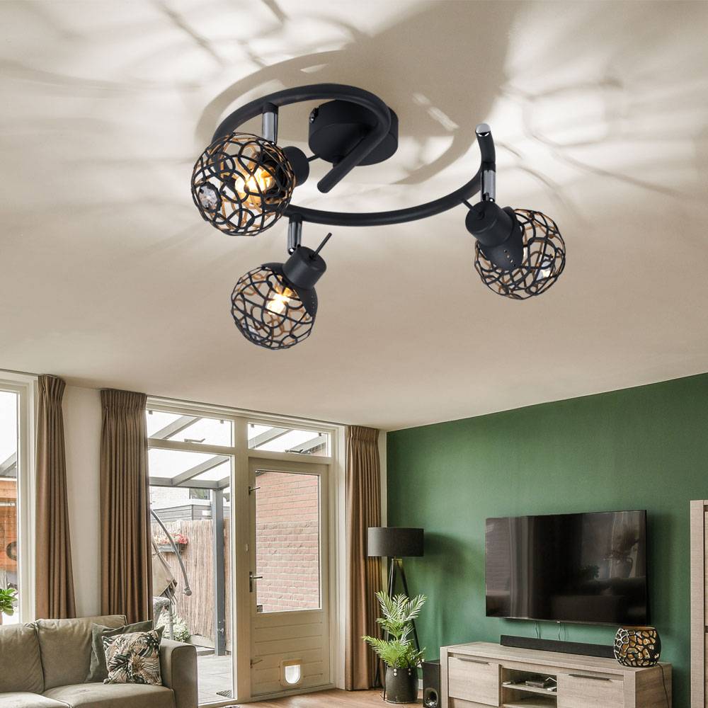 Deckenleuchte Deckenlampe Wohnzimmer grau Kugel Alugeflecht Kristall Lampe Spotrondell, bewegliche Spots, 3x G9, D 25 cm