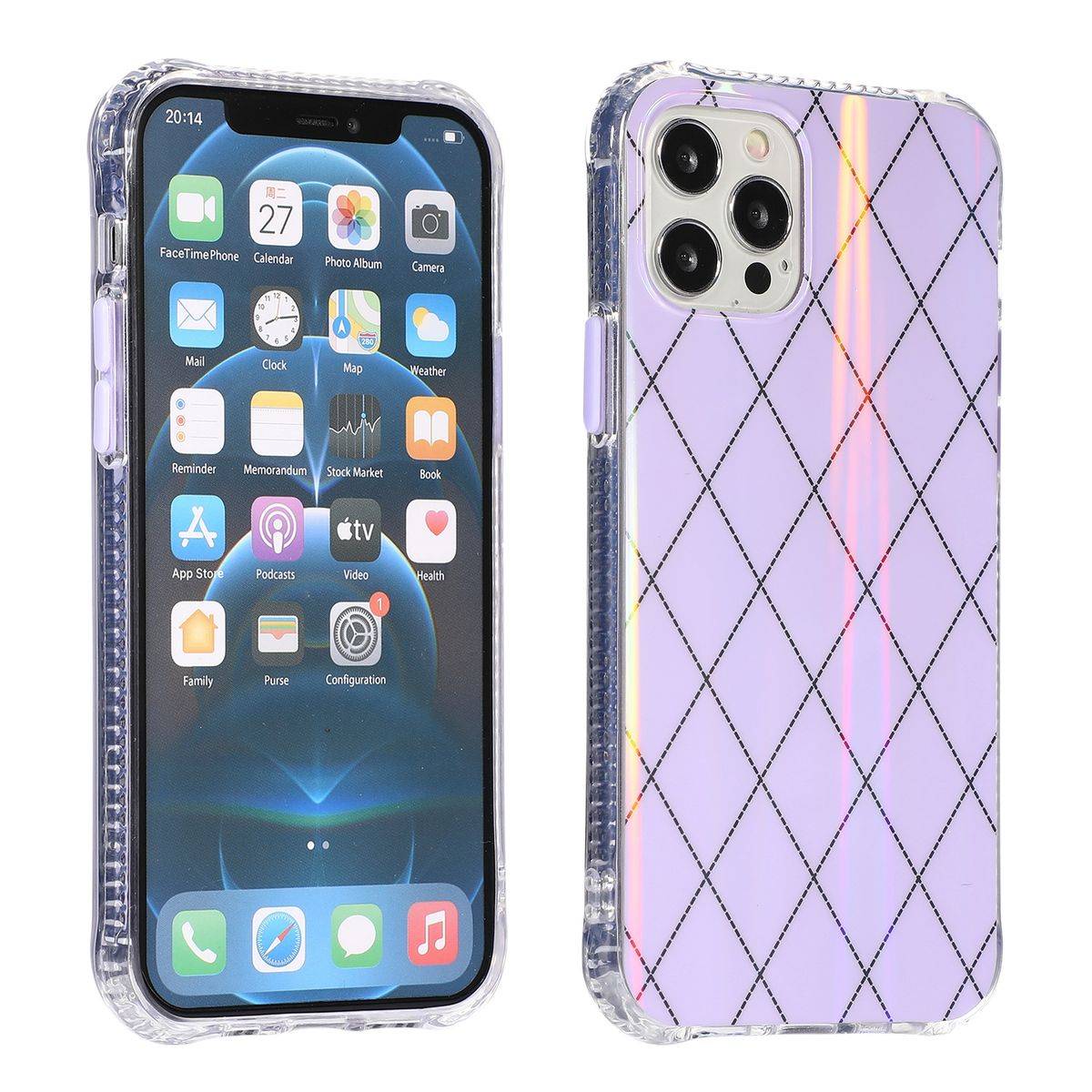 Für Apple iPhone 12 / 12 Pro Shockproof TPU Rauten Muster Schutz Tasche Hülle Cover Lila