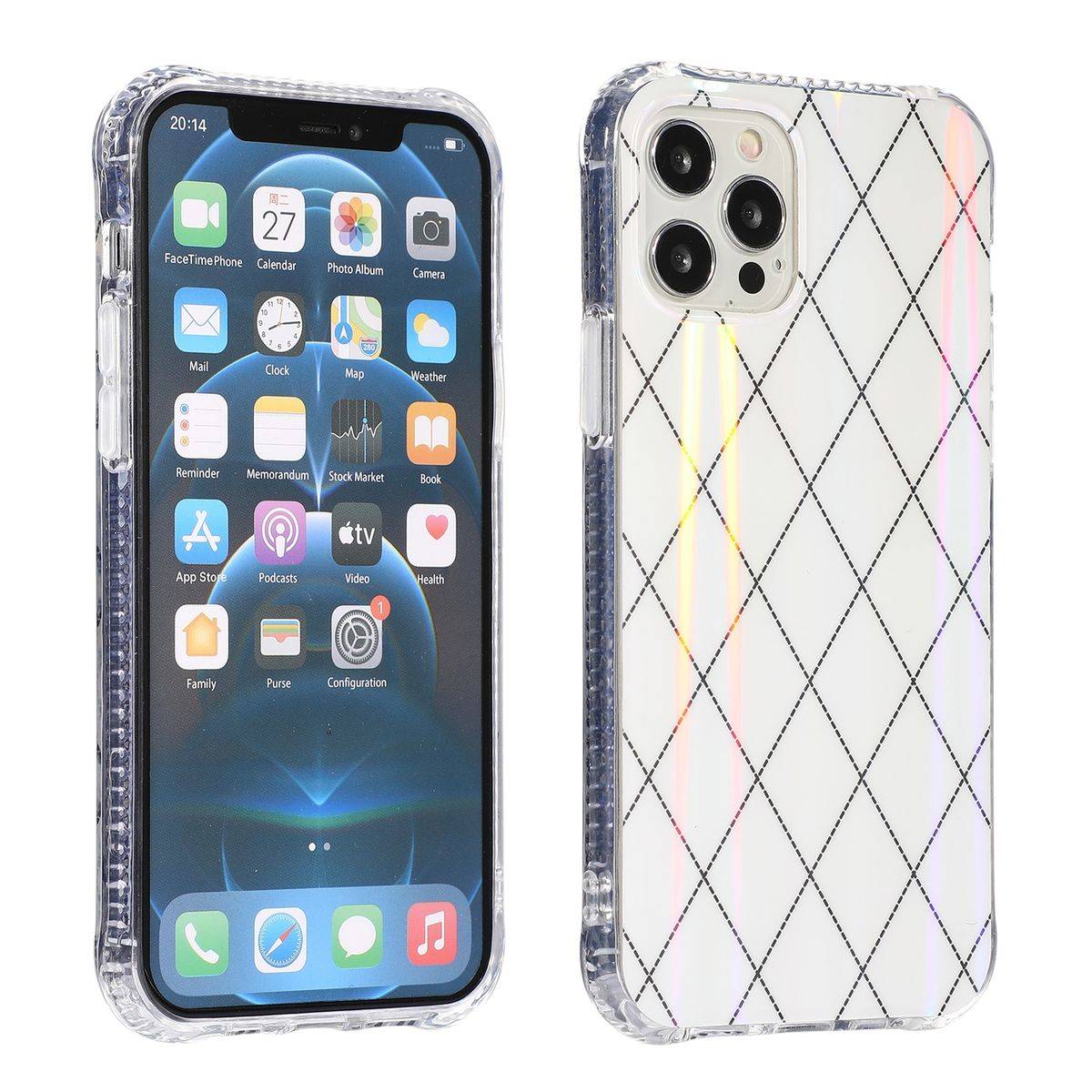 Für Apple iPhone 12 / 12 Pro Shockproof TPU Rauten Muster Schutz Tasche Hülle Cover Weiß