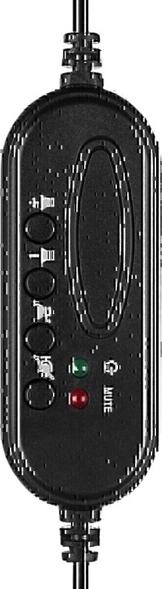 Ein schwarzes Bedienfeld mit runden, beschrifteten Tasten und Kontrollleuchten, möglicherweise für Audio- oder elektronische Geräteeinstellungen.