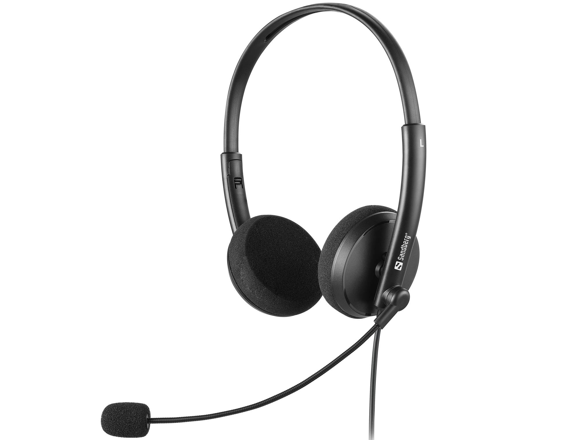 Schwarzes Over-Ear-Headset mit gepolsterten Ohrmuscheln, verstellbarem Kopfbügel und angebrachtem Boom-Mikrofon auf weißem Hintergrund.