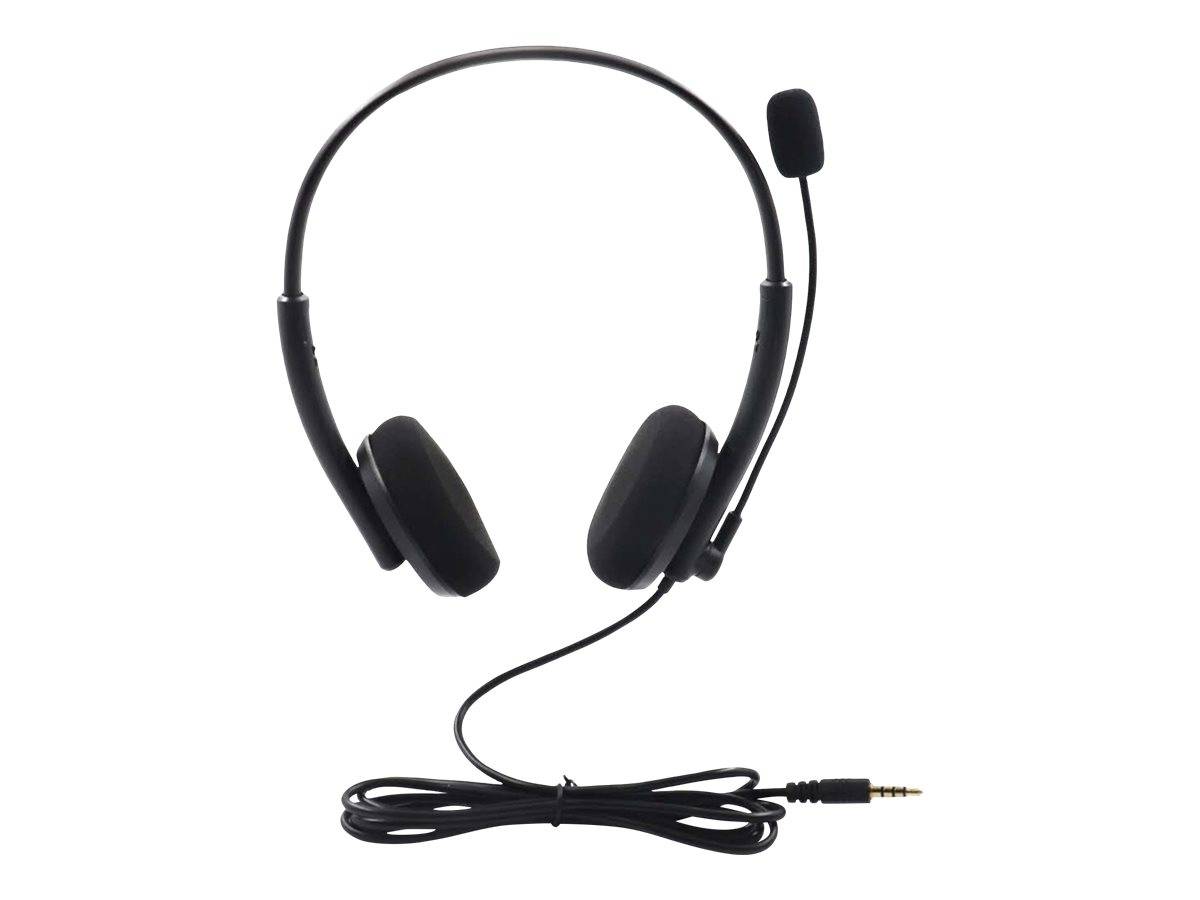 Schwarzes kabelgebundenes Over-Ear-Headset mit Boom-Mikrofon und 3,5-mm-Audiostecker auf weißem Hintergrund