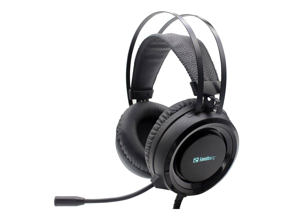 Schwarzes Over-Ear-Gaming-Headset mit gepolstertem Kopfbügel, Boom-Mikrofon und Kabel, shown auf weißem Hintergrund.