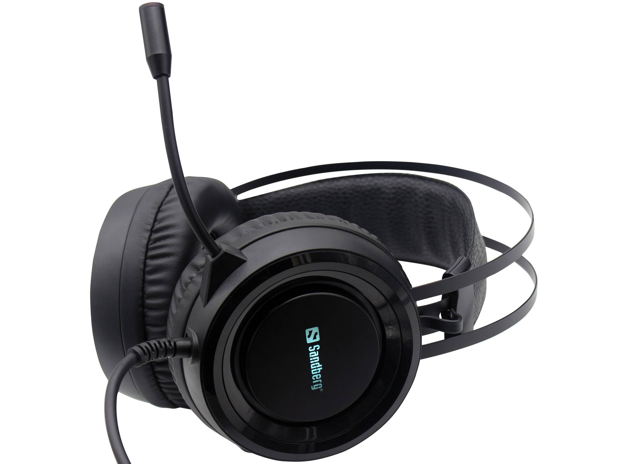 Schwarzes Over-Ear-Gaming-Headset mit Boom-Mikrofon und leuchtender Markenlogo auf der Ohrmuschel, dargestellt auf weißem Hintergrund.