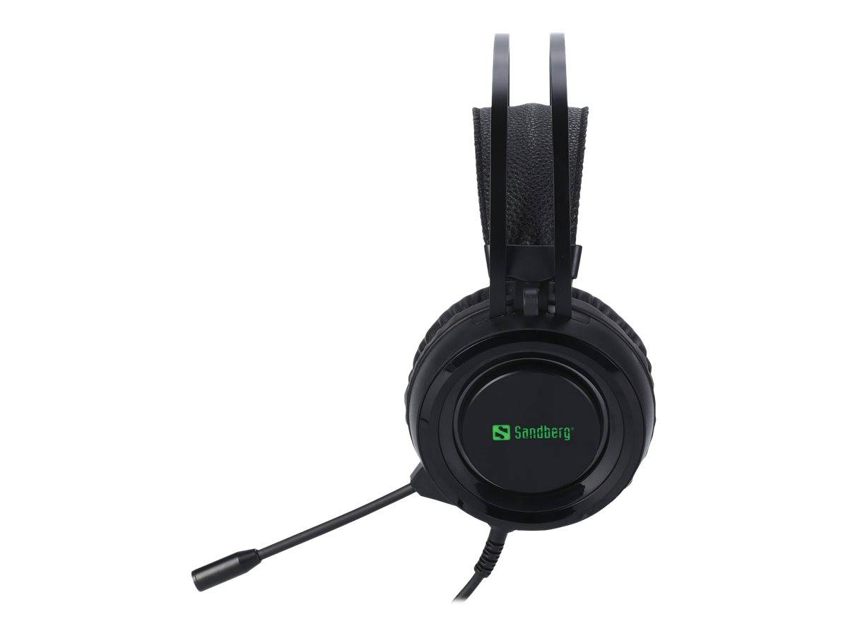 Black Sandberg Over-Ear-Gaming-Headset mit Boom-Mikrofon auf weißem Hintergrund.