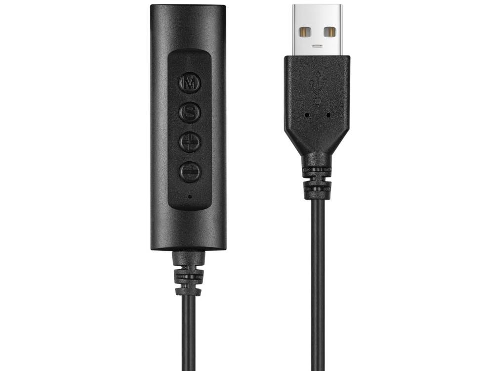 Ein schwarzes USB-Kabel mit einer Steuereinheit, die mit den Tasten 