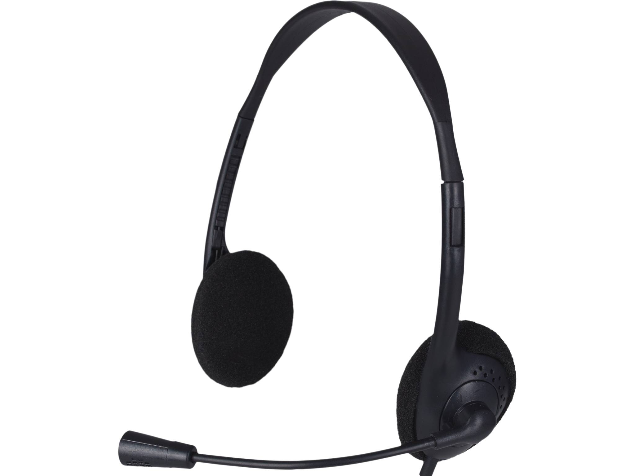 Schwarzes Over-Ear-Headset mit angebrachtem Boom-Mikrofon auf weißem Hintergrund.