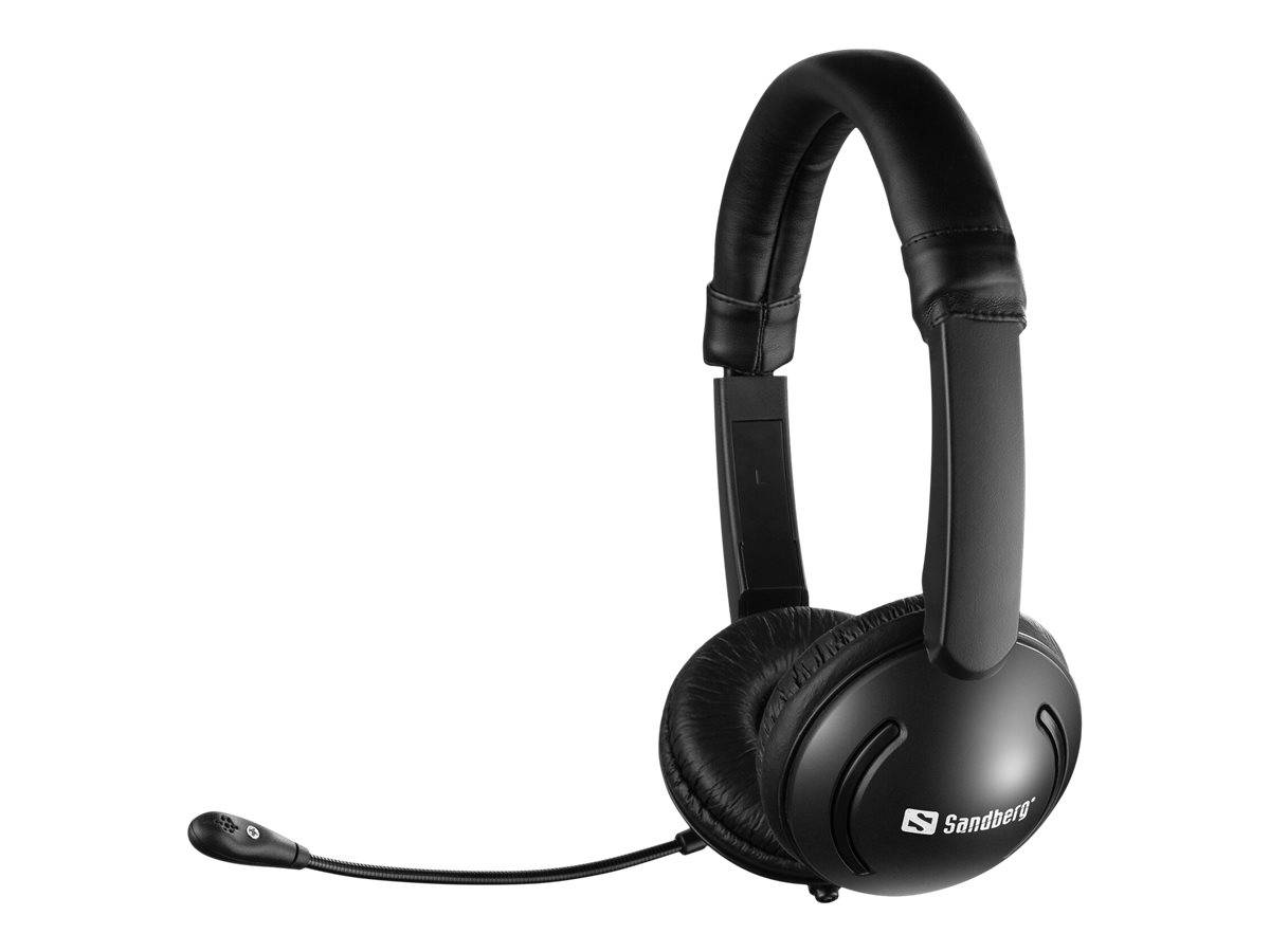 Schwarzes Over-Ear-Kopfhörer-Set mit Boom-Mikrofon auf weißem Hintergrund, Marke Sandberg.