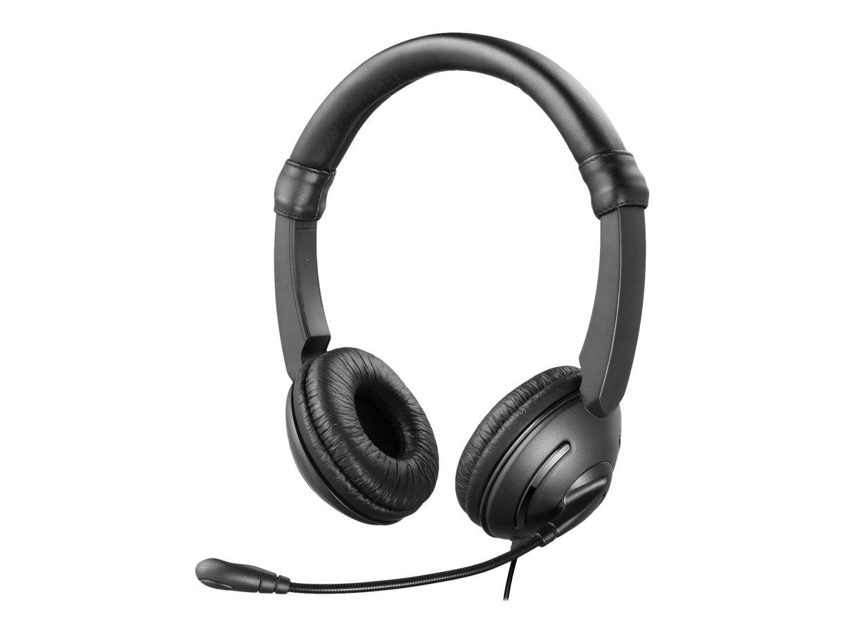 Schwarzes Over-Ear-Headset mit gepolsterten Ohrmuscheln und verstellbarem Kopfbügel, gezeigt mit Boom-Mikrofon für Anrufe oder Gaming.