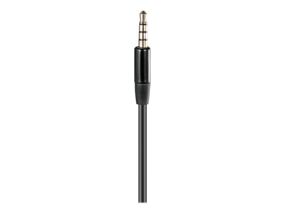 Ein schwarzes 3,5-mm-Audiokabel mit einem silbernen Stecker auf weißem Hintergrund.