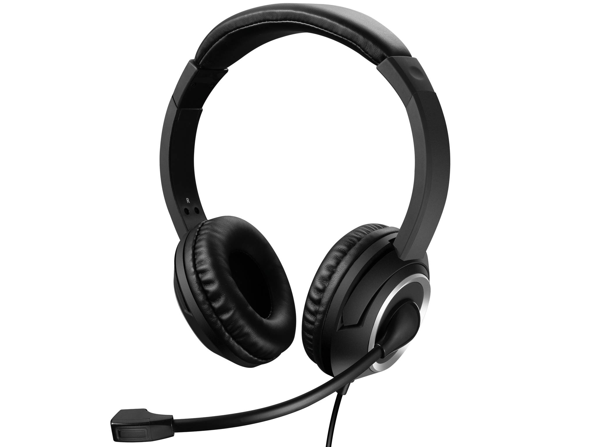 Schwarzes Over-Ear-Headset mit Boom-Mikrofon auf weißem Hintergrund.