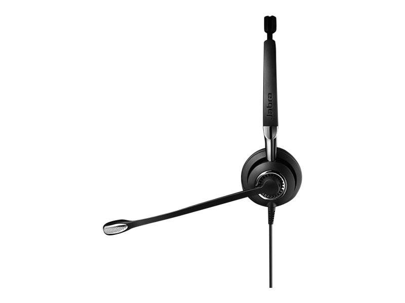 Schwarzes Jabra-Kopfbügel-Headset mit einfacher Muschel, Boom-Mikrofon und Inline-Kabel auf weißem Hintergrund.