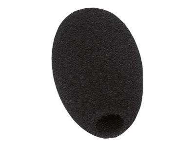 Schwarzer Schaumstoff-Windschutz für ein Mikrofon, dargestellt als ovale Abdeckung mit einer kleinen Öffnung an einem Ende.