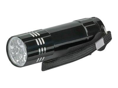 Schwarze tragbare Taschenlampe mit strukturiertem Griff und silbernen Akzenten, gezeigt auf weißem Hintergrund.