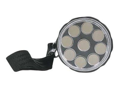 Schwarze, riemengelagerte kreisförmige LED-Leuchte mit neun kleinen Glühbirnen in einem metallringgerahmten Gehäuse.