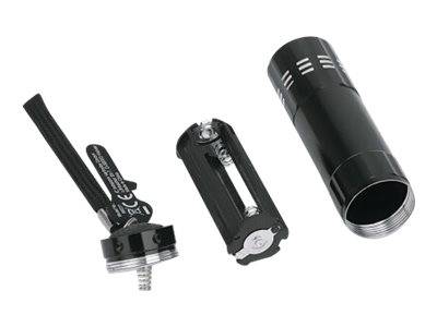 Schwarze Taschenlampenteile in auseinandergelegter Form gezeigt: Batterieröhre, innere Halterung und Schalteranordnung am hinteren Ende auf weißem Hintergrund.