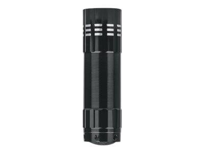 Schwarze zylindrische Taschenlampe mit belüftetem oberen Ende und strukturiertem Griff, gezeigt vor einfachem weißem Hintergrund.