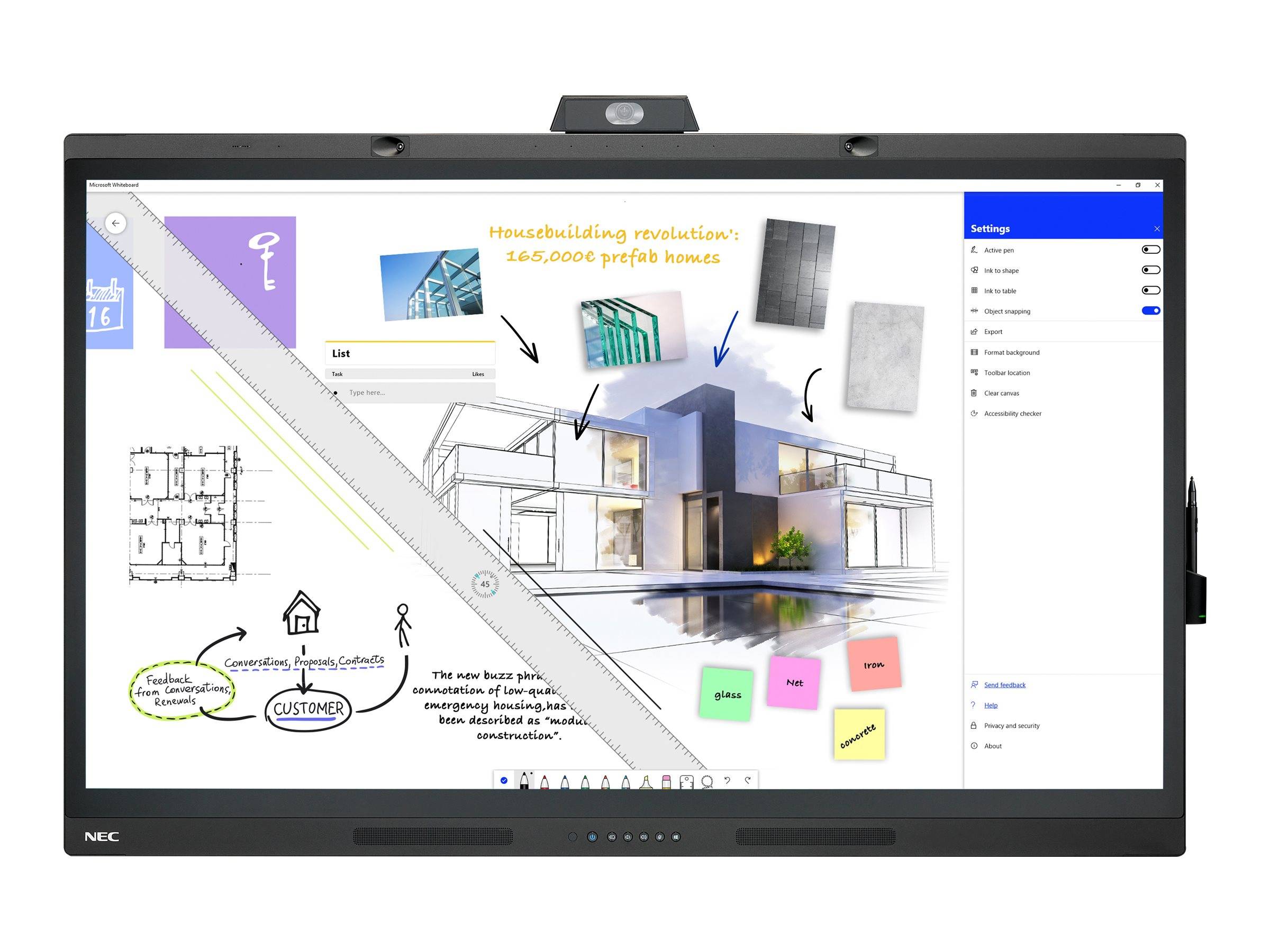 Großer Touchscreen-Monitor, der eine Architektur-/Designpräsentation mit Skizzen, einer modernen Hausvisualisierung, handschriftlichen Notizen, Pfeilen und einem Einstellungsfeld auf der rechten Seite anzeigt.