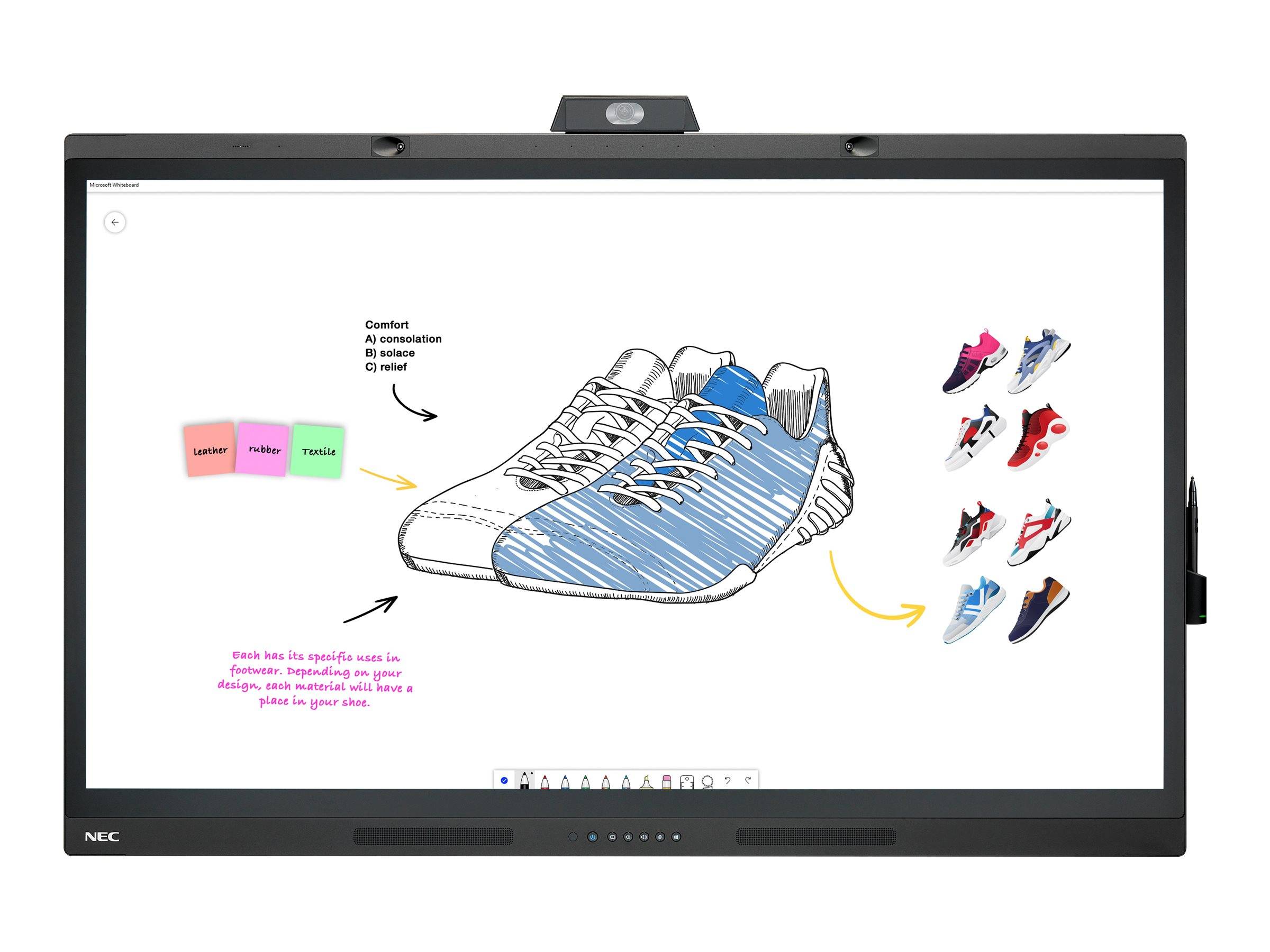 Digitale Skizze eines Sneaker-Customization-Konzepts, das beschriftete Materialoptionen, eine blau-weiße Schuh-Darstellung und mehrere Farbvariationen auf der rechten Seite zeigt.