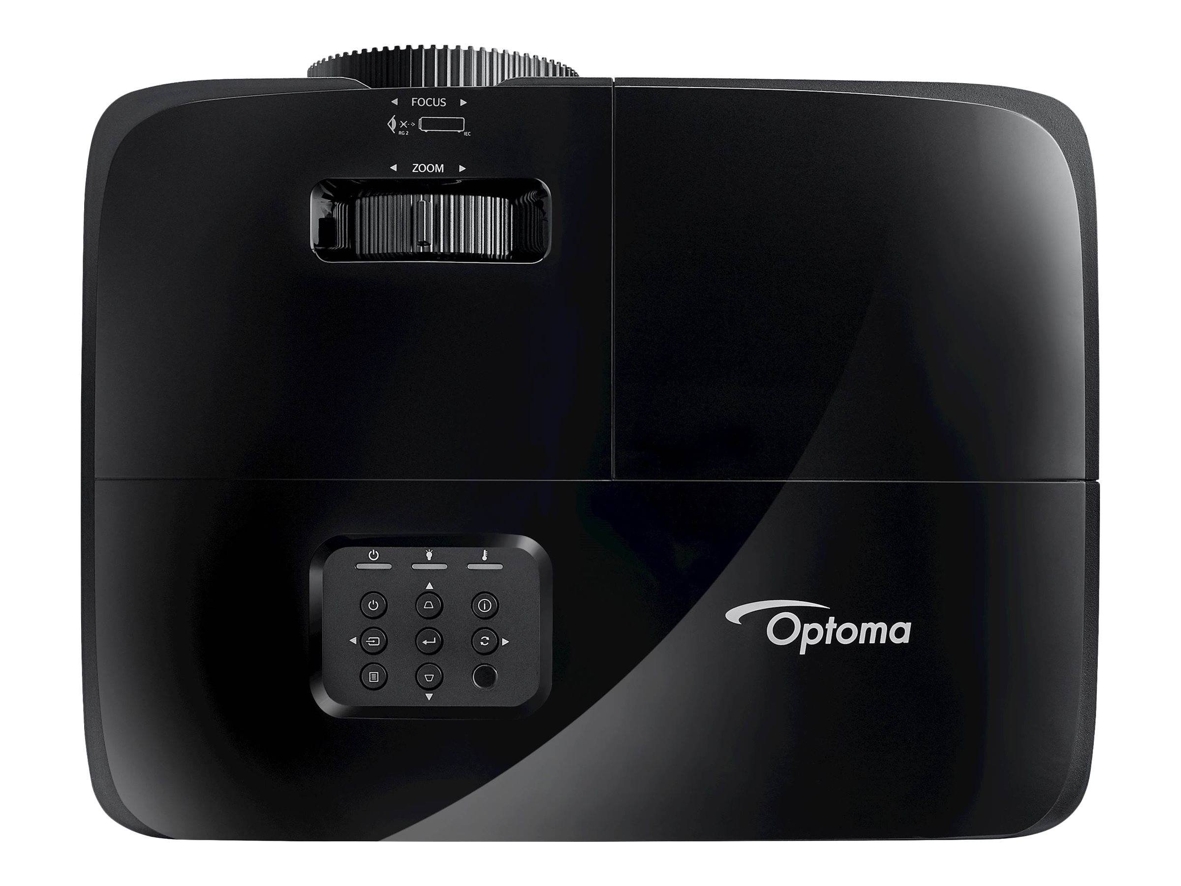 Schwarzer Optoma-Projektor von oben betrachtet, der Linsenfokus- und Zoomregler sowie ein Tastenfeld auf der oberen Bedienleiste zeigt.