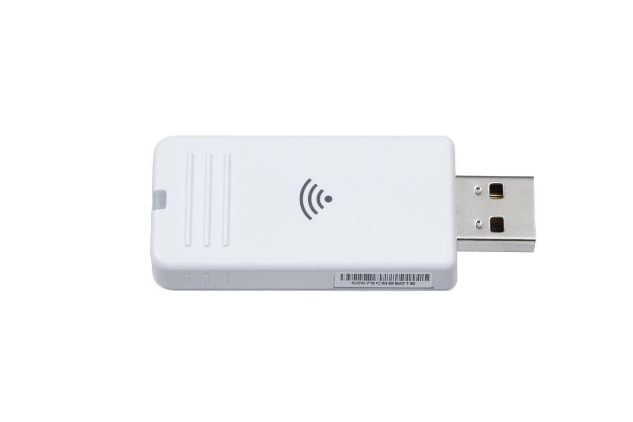 Weißer USB-Wireless-Adapter-Dongle mit USB-A-Stecker und Wi-Fi-Signalsymbol auf einfachem Hintergrund.