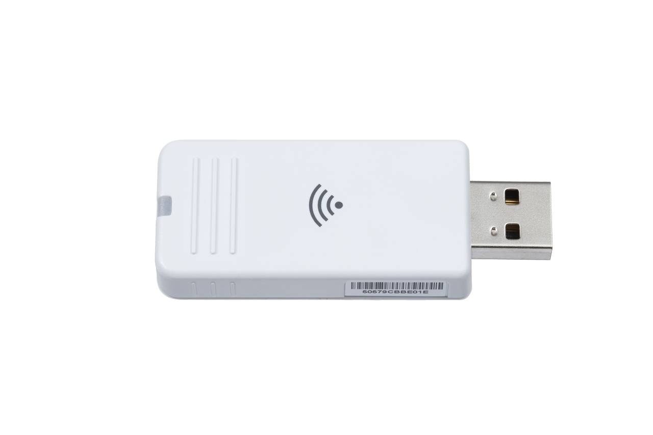 Weißer USB-Wireless-Adapter mit USB-Stecker und Wi-Fi-Signalsymbol auf schwarzem Hintergrund.
