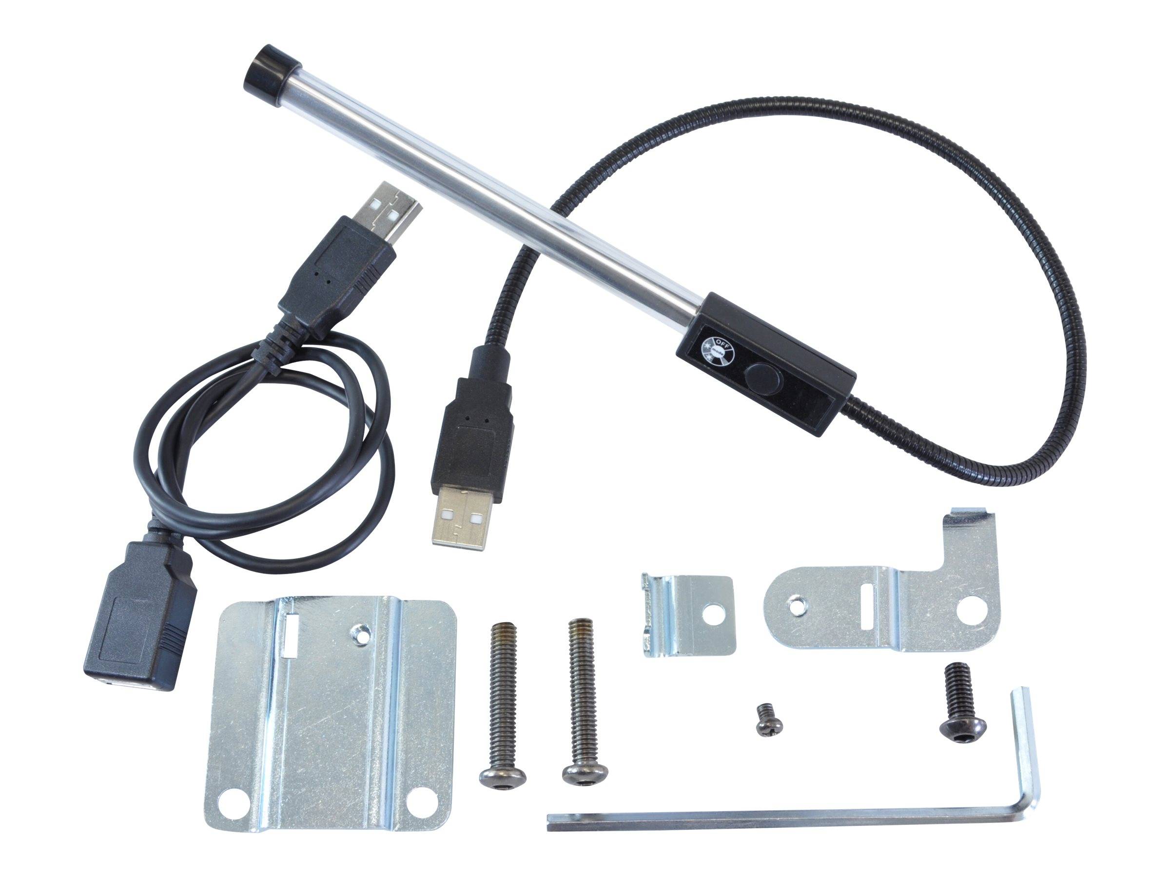 USB-Lampe mit flexiblem Schwanenhals, Kabel und Befestigungskonsolen mit Schrauben als Bausatz auf weißem Hintergrund angezeigt