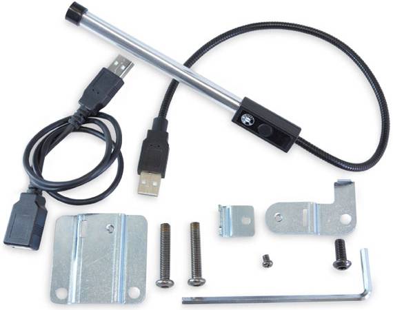 USB-verbundenes LED-Schreibtischleuchten-Set mit flexiblem Schwanenhals, Stromschalter, USB-Kabel und Montagezubehör auf weißem Hintergrund angeordnet.