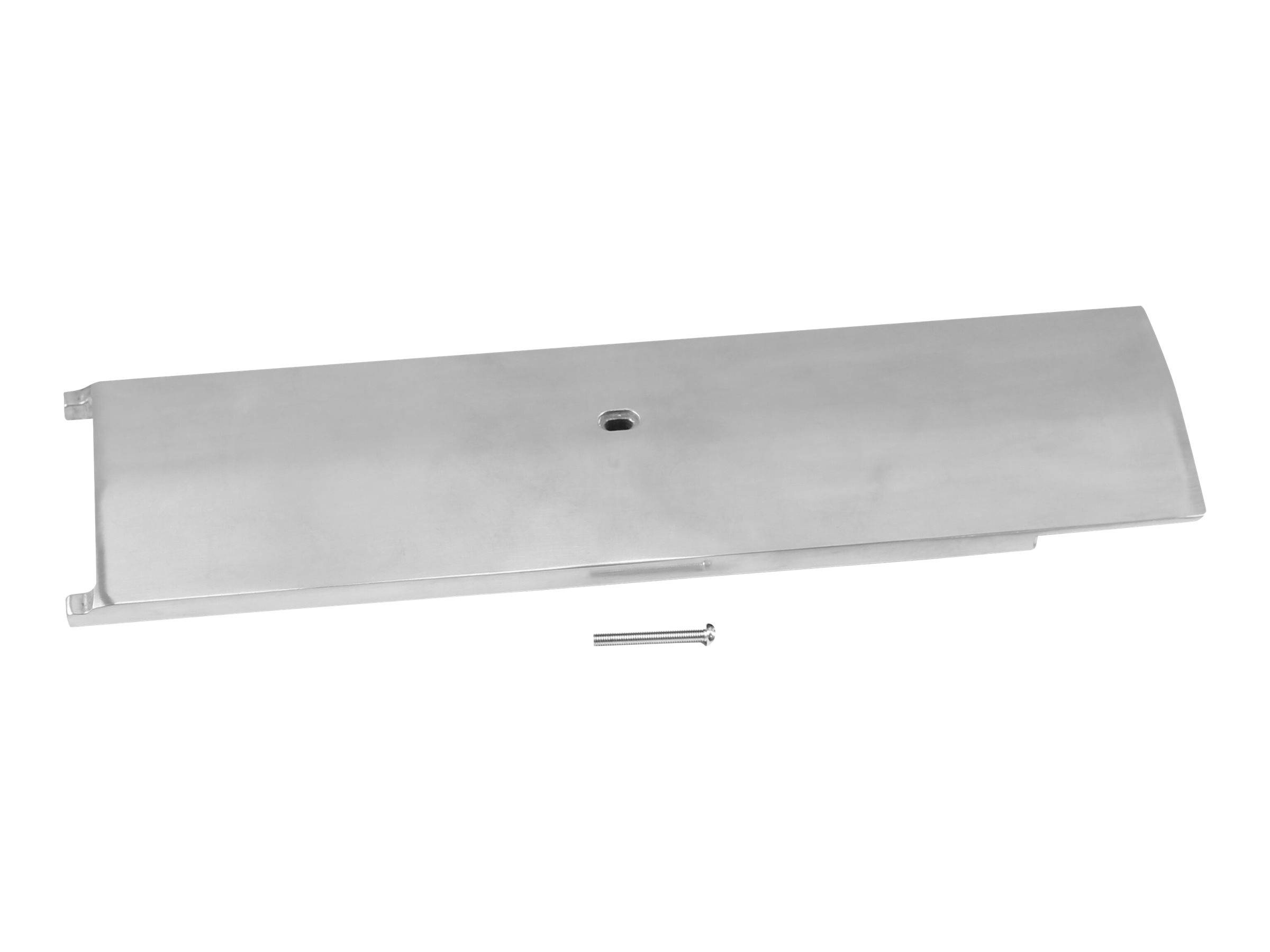 Langes silbernes Metallabdeckfeld mit zentralem Schraubenloch, unten mit einer kleinen Schraube auf weißem Hintergrund dargestellt.