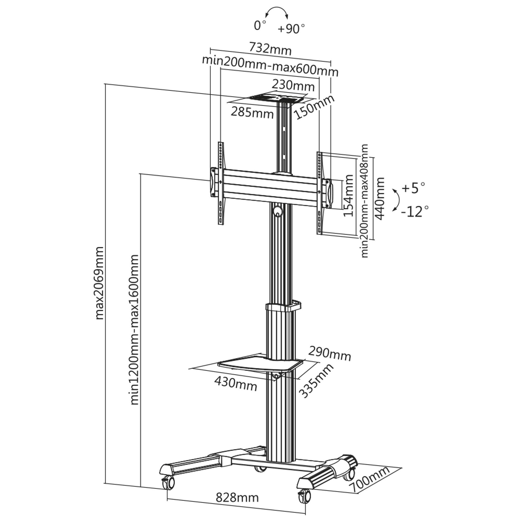Dimensioniertes Diagramm eines mobilen Fernsehständers mit verstellbarer Halterung, das VESA-Bereiche, Bildschirmneigung, Höhenlimits und Basisdimensionen zeigt.