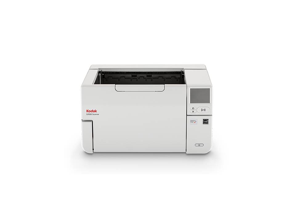 Kodak-Desktopscanner/Drucker auf weißem Hintergrund, zeigt die Frontplatte und das offene Ausgabefach.
