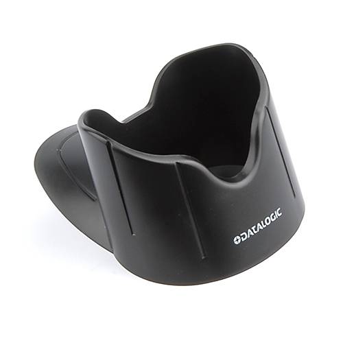 Schwarze Datalogic-Barcode-Scanner-Wiege-Dockingstation auf weißem Hintergrund, im Winkel gezeigt mit offenem oberen Schlitz.