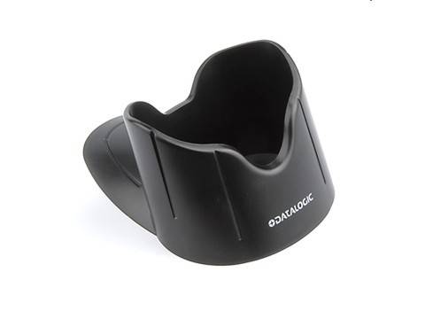 Schwarze Datalogic-Barcode-Scanner-Wiege/Ladestation auf weißem Hintergrund.