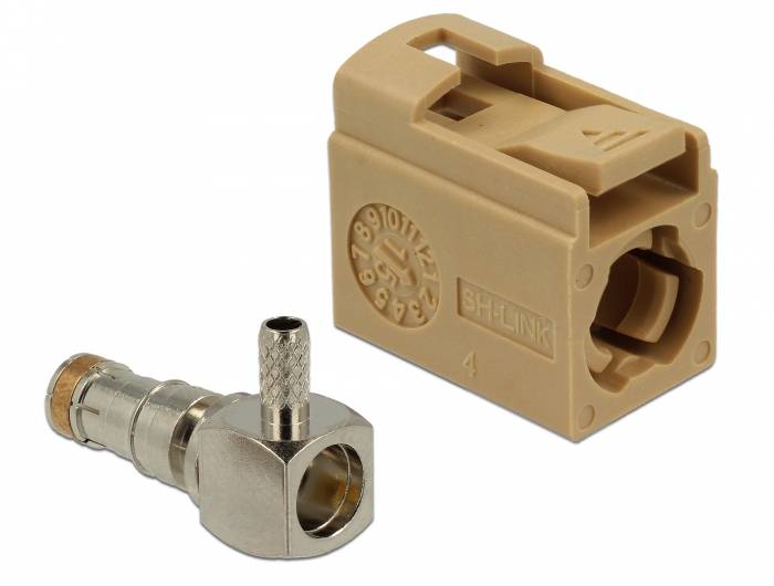 DeLOCK 89724, FAKRA L, Männlich, 90°, Gold, Beige, Edelstahl, Messing, Kupfer, Nickel, Kunststoff