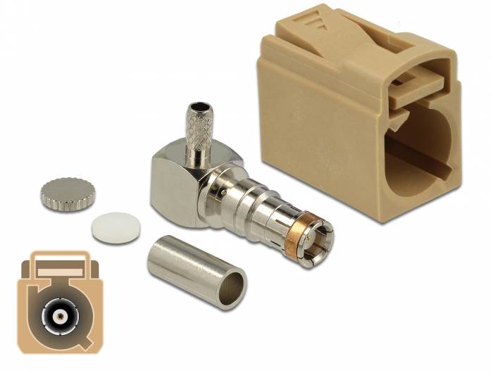 DeLOCK 89724, FAKRA L, Männlich, 90°, Gold, Beige, Edelstahl, Messing, Kupfer, Nickel, Kunststoff