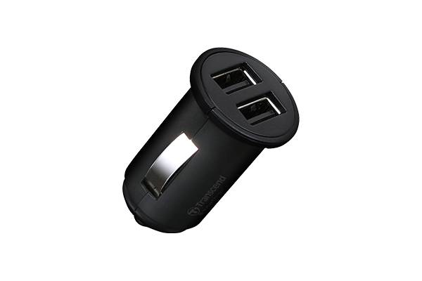 Schwarzer Dual-USB-Autoladegerät-Adapter mit zwei USB-Anschlüssen und Metallseitenkontakt, dargestellt auf weißem Hintergrund.