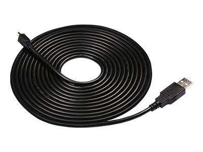 Schwarzes USB-Kabel in einer Schleife aufgewickelt, mit sichtbarem USB-A-Stecker an einem Ende.