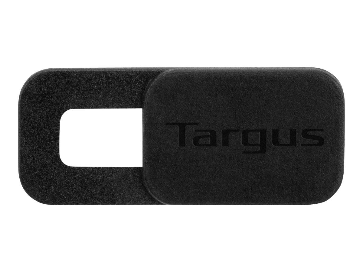 Schwarze Targus-Webcam-Datenschutzabdeckung mit verschiebbarem rechteckigem Verschluss, geschlossen auf weißem Hintergrund dargestellt.