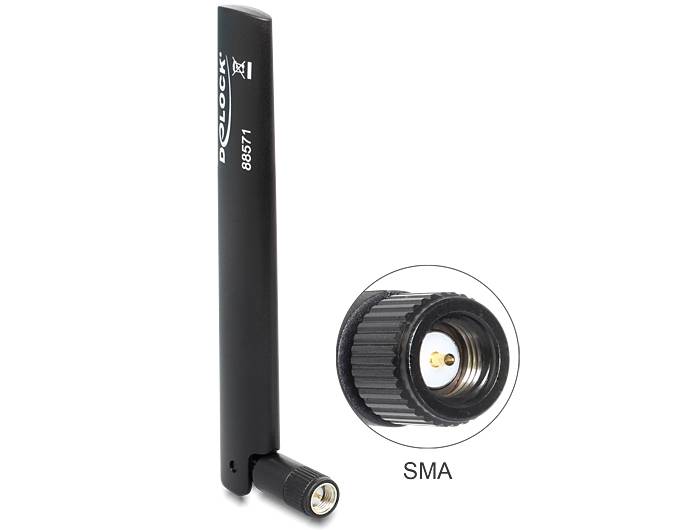 Schwarze externe Antenne mit SMA-Stecker, aufrecht stehend dargestellt mit einer Nahaufnahme des Steckers mit der Bezeichnung „SMA