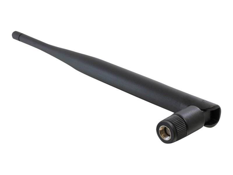 Schwarze externe Antenne mit Gewindebasiskonnector, dargestellt auf weißem Hintergrund.