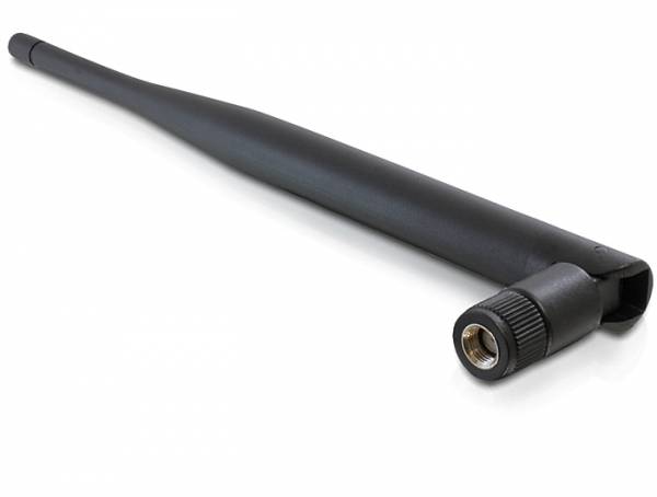 Schwarze externe Wi-Fi-Antenne mit Gewindestecker, dargestellt vor weißem Hintergrund.