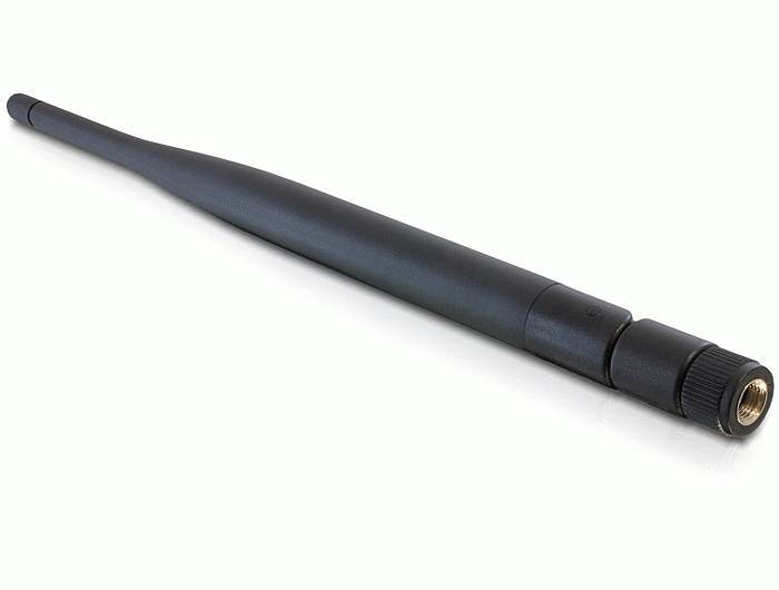 Schwarze zylindrische Antenne mit Gewindemetallstecker, auf weißem Hintergrund dargestellt.