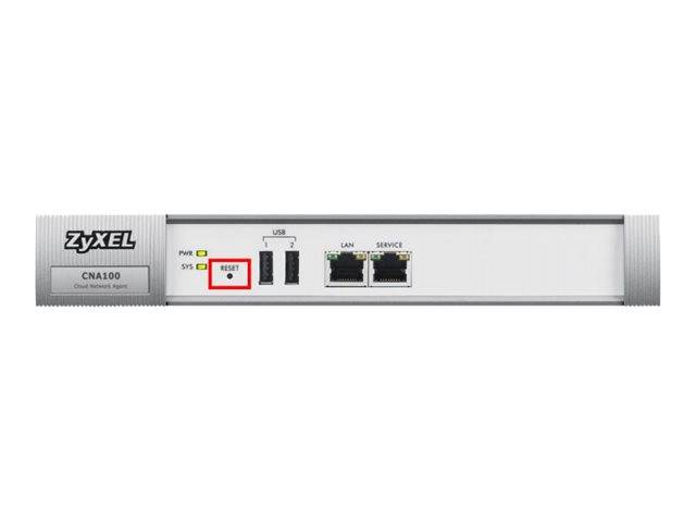 Frontplatte eines ZyXEL CNA100-Geräts mit Stromanzeige und Systemleuchten, einer Reset-Taste, zwei USB-Anschlüssen sowie LAN- und Service-Ethernet-Anschlüssen.