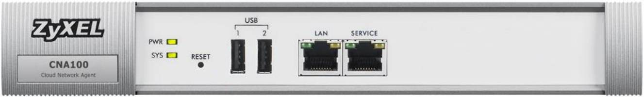 Frontplatte eines ZyXEL CNA100 Cloud-Netzwerk-Agenten mit Statusleuchten, Zurücksetztaste, zwei USB-Anschlüssen und LAN-/Service-Ethernet-Anschlüssen.